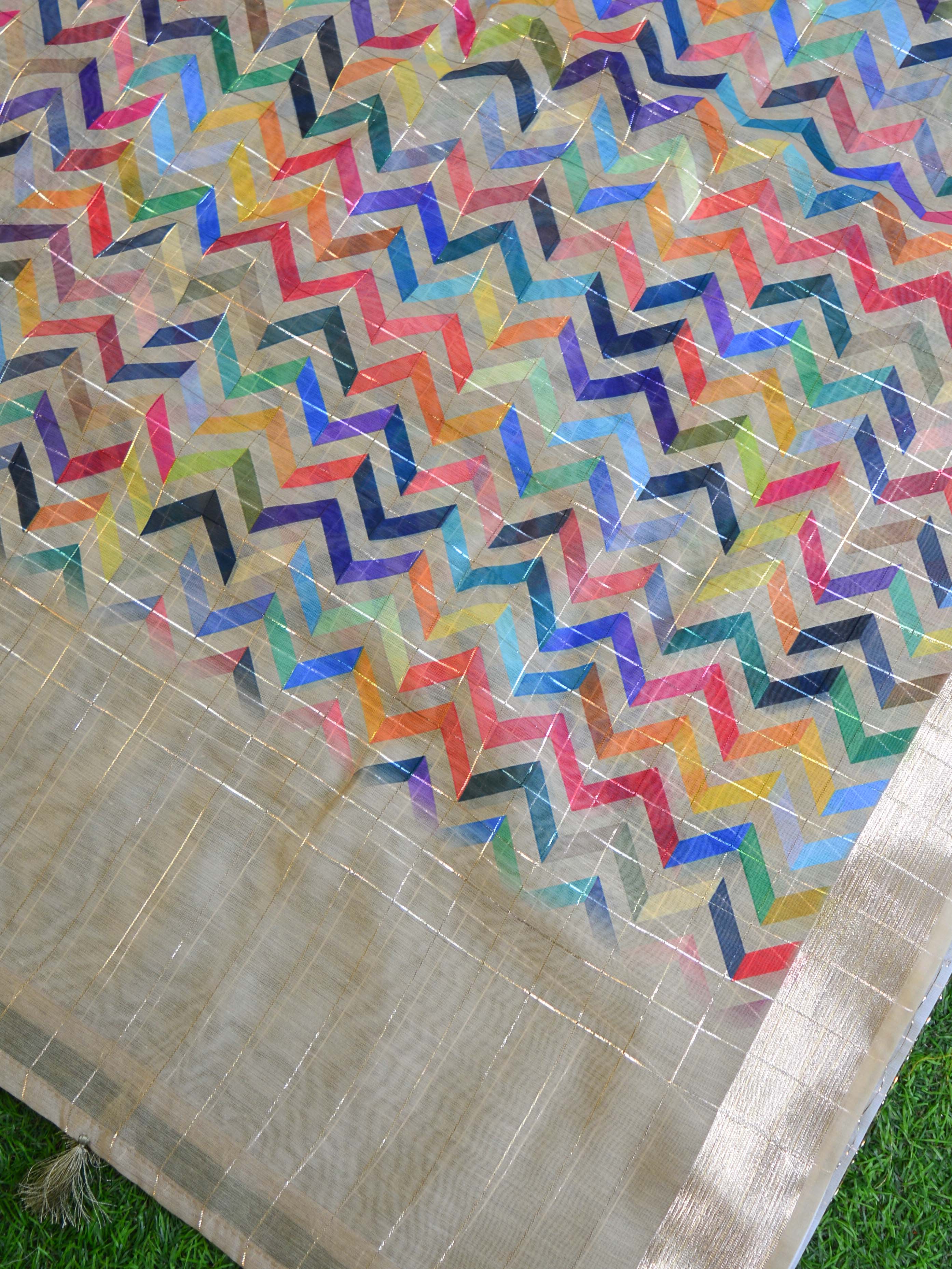 Banarasee Chanderi Cotton Zari Buti Salwar Kameez Fabric With Digital Print Zig-Zag Dupatta-Beige
