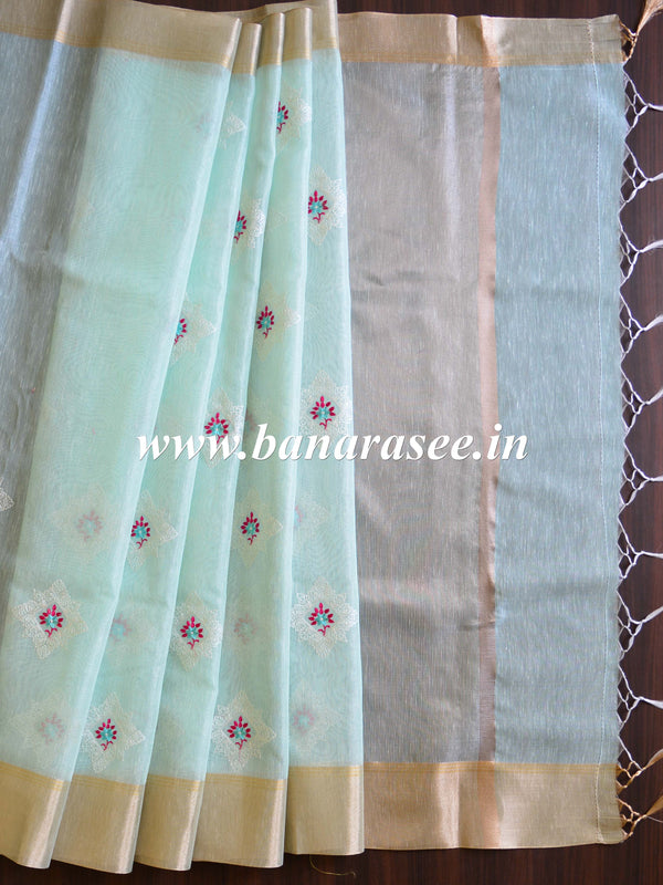 Banarasee Cotton Silk Saree With Embroidered Buta & Zari Border-Blue