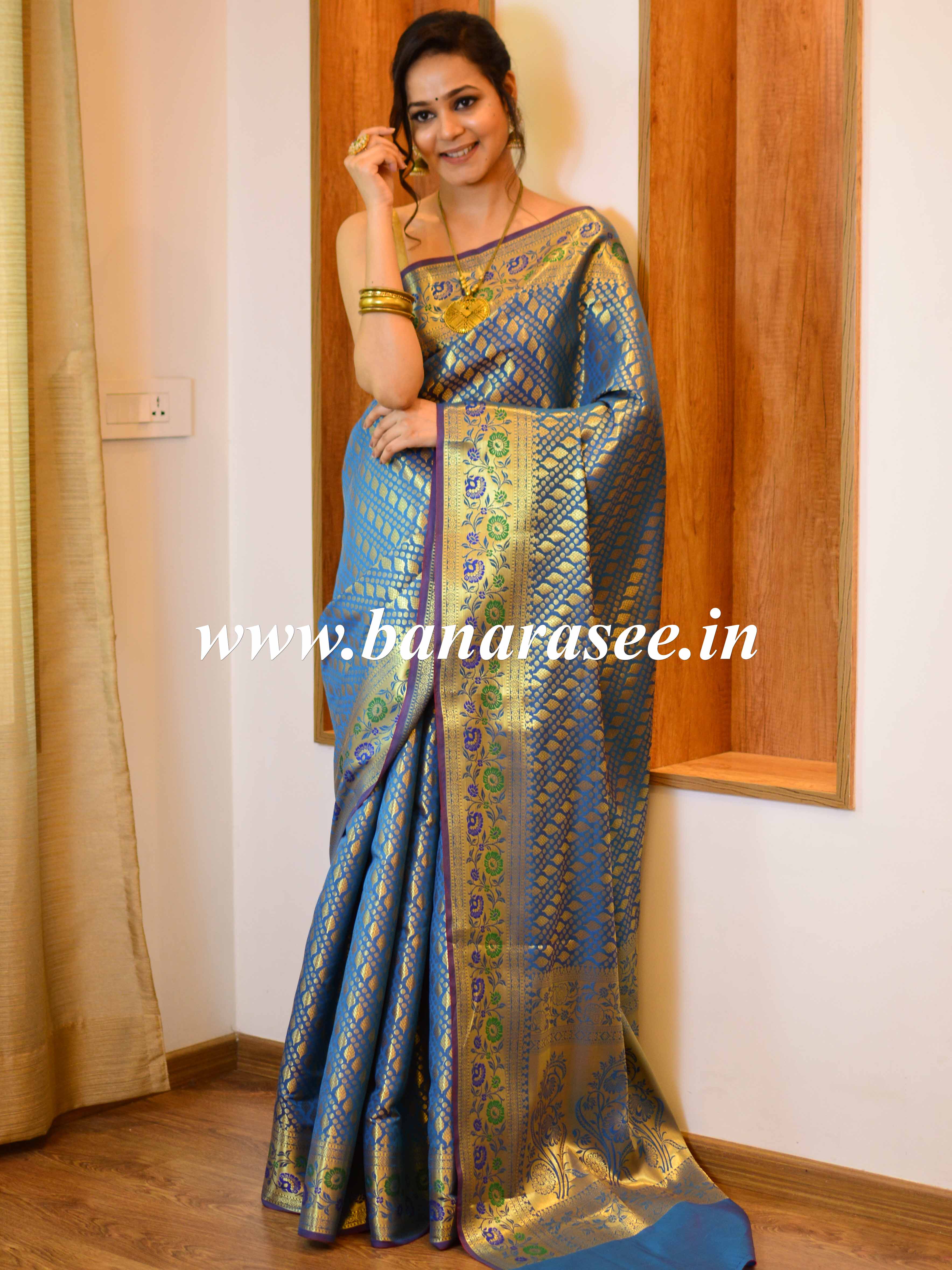 Banarasee Art Silk Saree With Zari Buta & Border-Green