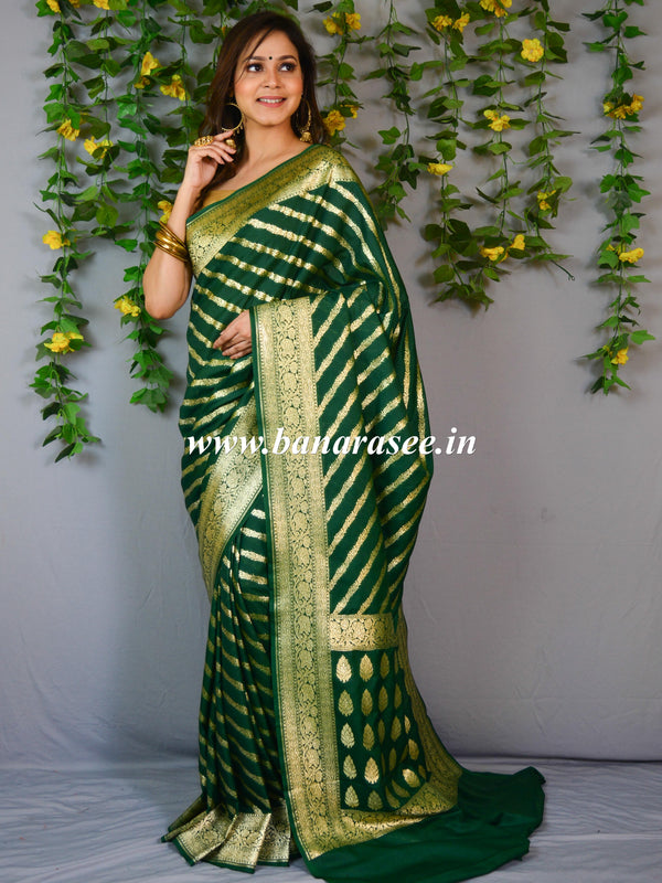 Banarasee Faux Georgette Saree With Zari Stripes Design & Floral Border-Green