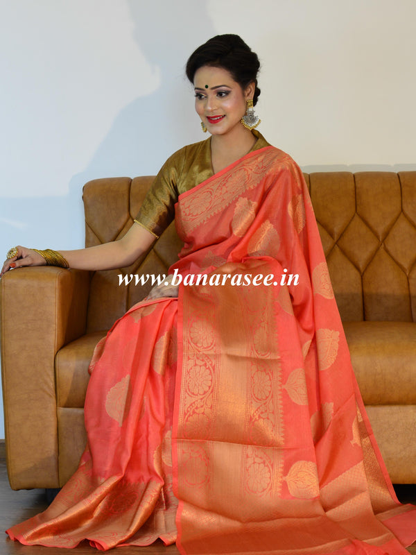 Banarasee Handwoven Semi Silk Saree With Antique Zari Buta Design-Peach