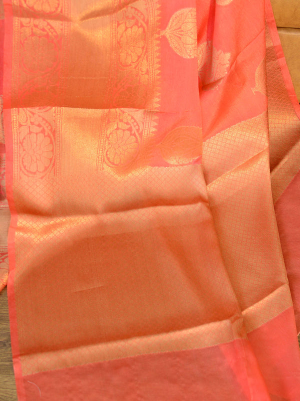 Banarasee Handwoven Semi Silk Saree With Antique Zari Buta Design-Peach