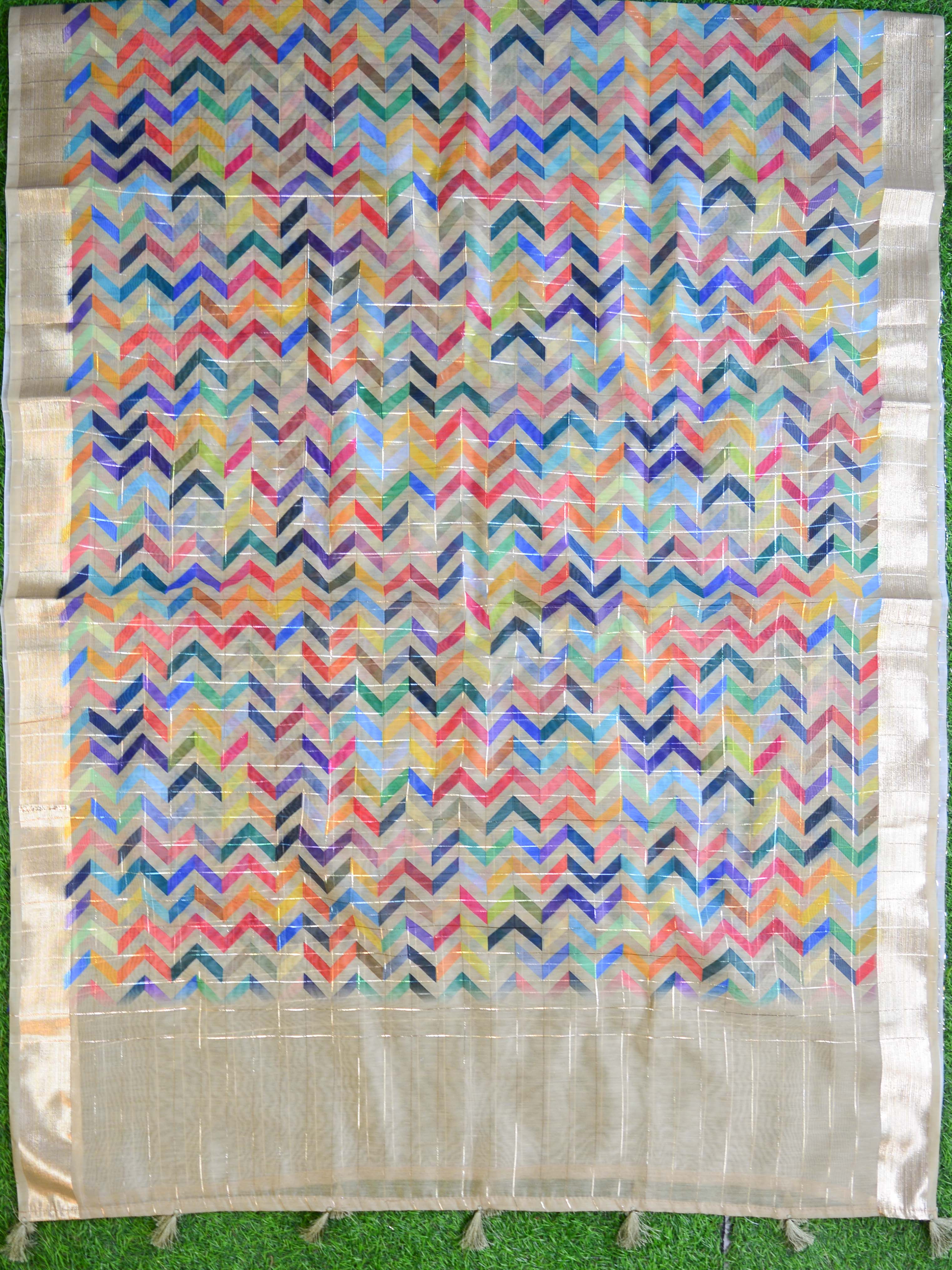 Banarasee Chanderi Cotton Zari Buti Salwar Kameez Fabric With Digital Print Zig-Zag Dupatta-Beige