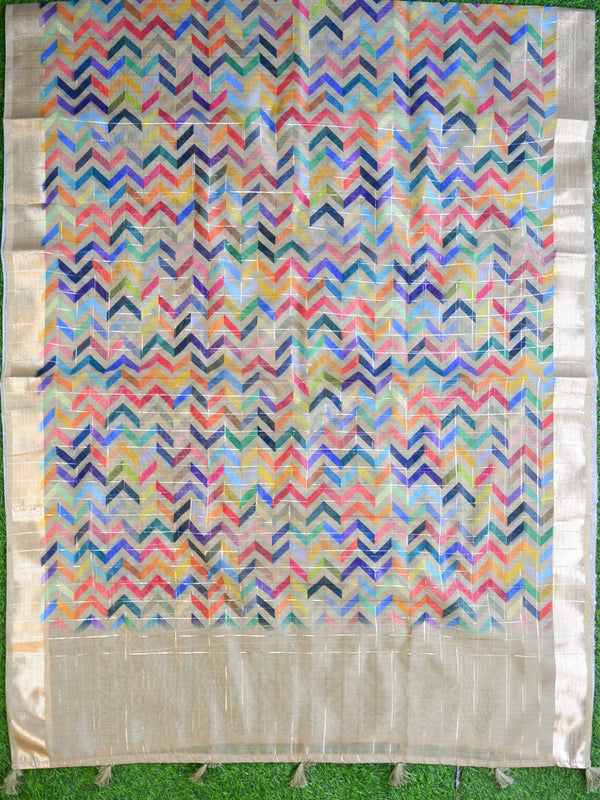 Banarasee Chanderi Cotton Zari Buti Salwar Kameez Fabric With Digital Print Zig-Zag Dupatta-Beige