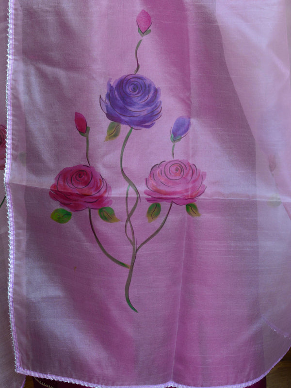 Banarasee Semi Silk Salwar Kameez Fabric With Hand-Painted Organza Dupatta-Magenta