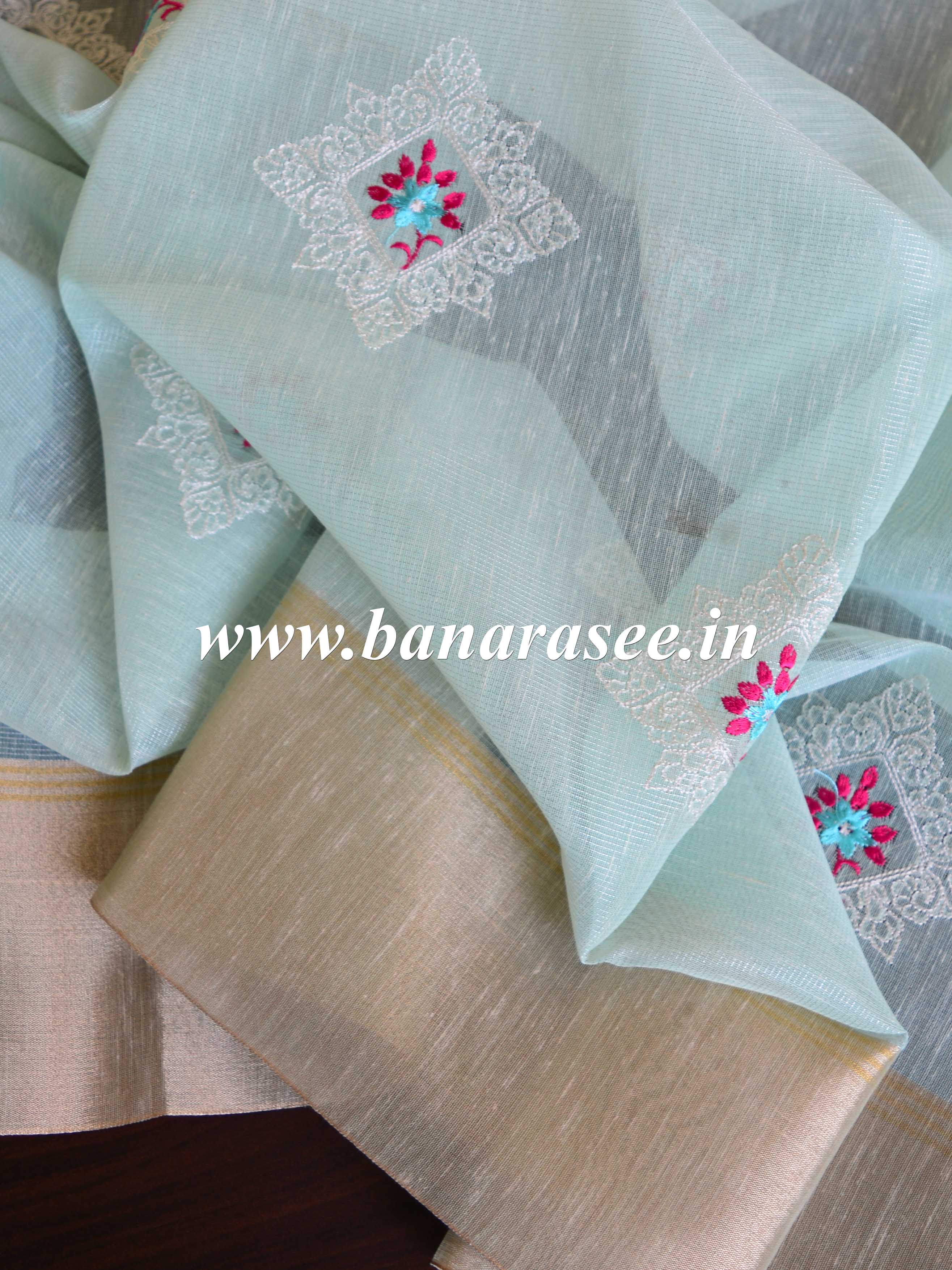 Banarasee Cotton Silk Saree With Embroidered Buta & Zari Border-Blue