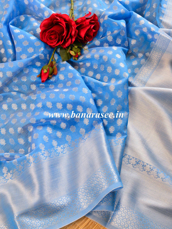 Banarasee Cotton Silk Saree With Zari Buti & Border-Blue