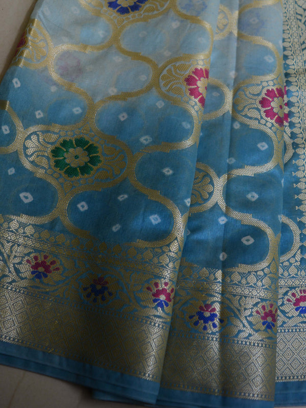 Banarasee Handwoven Semi-Silk Saree With Bandhej & Floral Zari Border-Grey