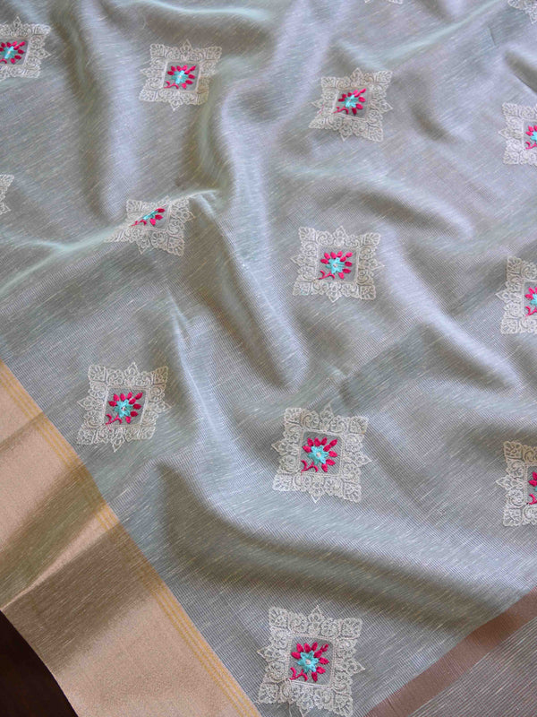 Banarasee Cotton Silk Saree With Embroidered Buta & Zari Border-Blue