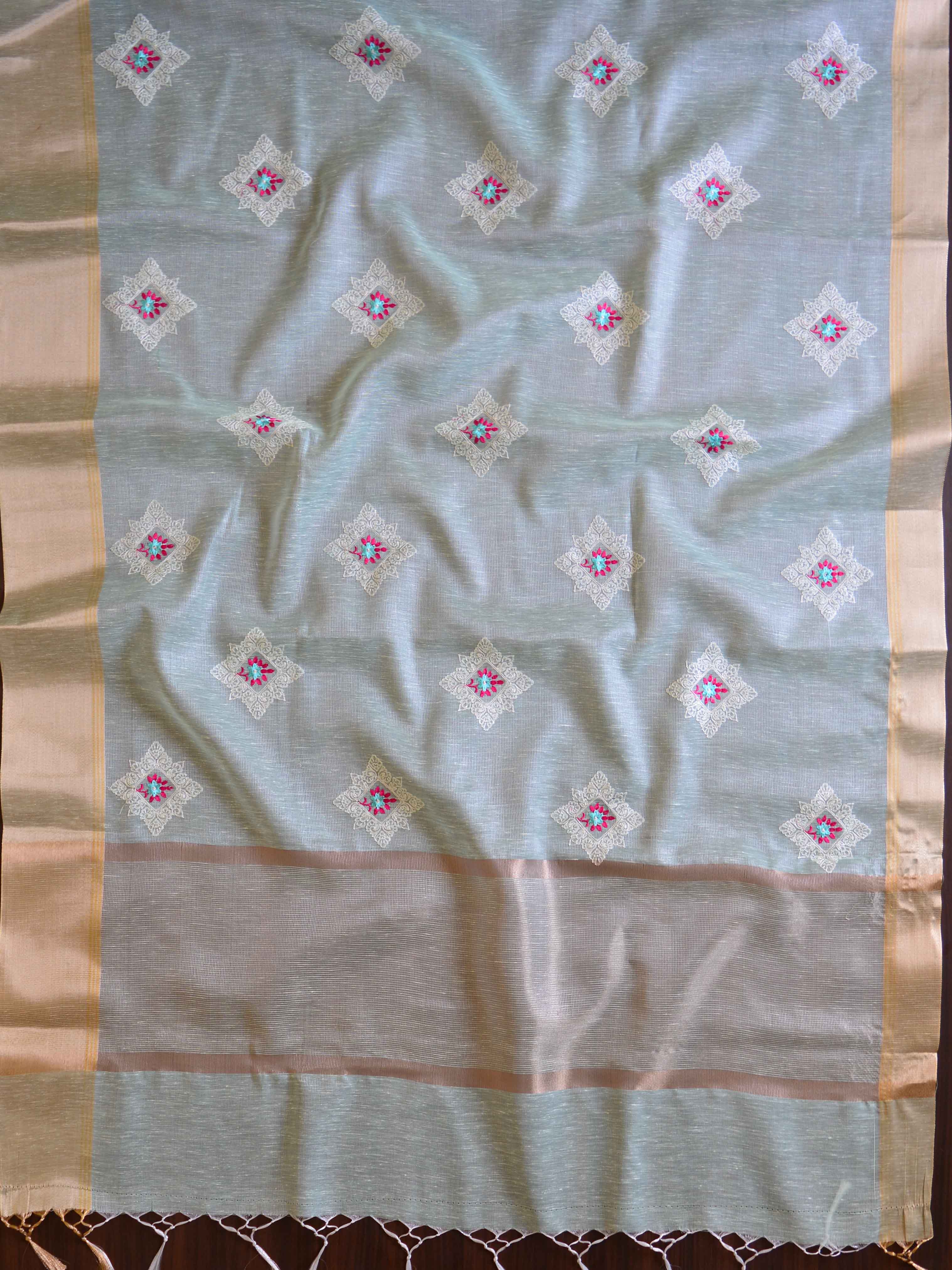 Banarasee Cotton Silk Saree With Embroidered Buta & Zari Border-Blue