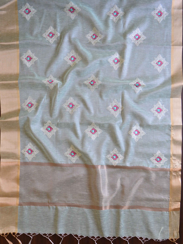 Banarasee Cotton Silk Saree With Embroidered Buta & Zari Border-Blue