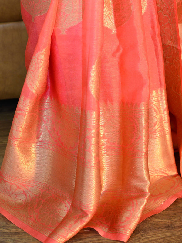 Banarasee Handwoven Semi Silk Saree With Antique Zari Buta Design-Peach