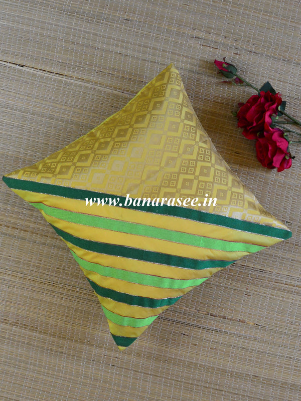 Banarasee Brocade Silk Cushion Cover-Yellow