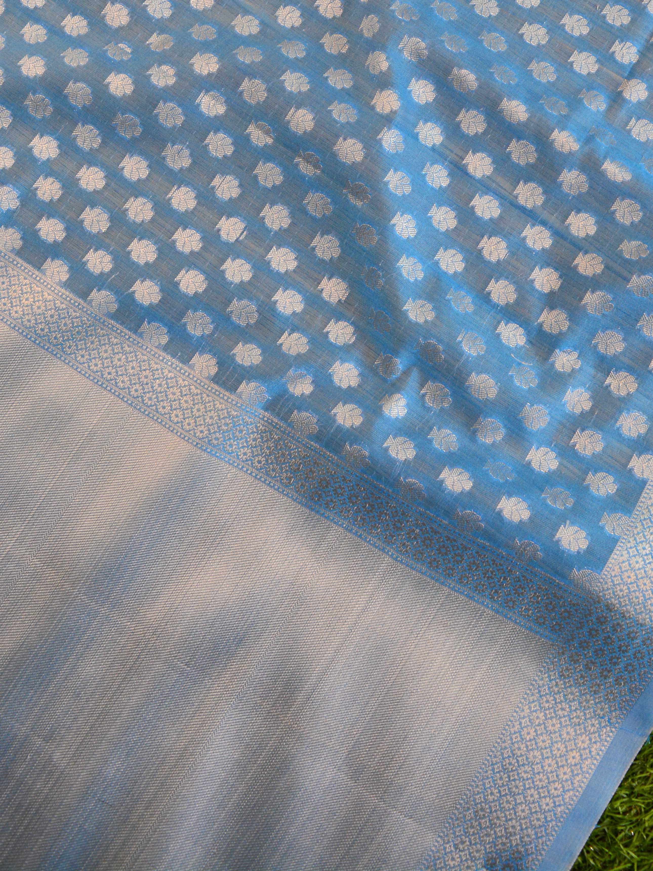 Banarasee Cotton Silk Saree With Zari Buti & Border-Blue