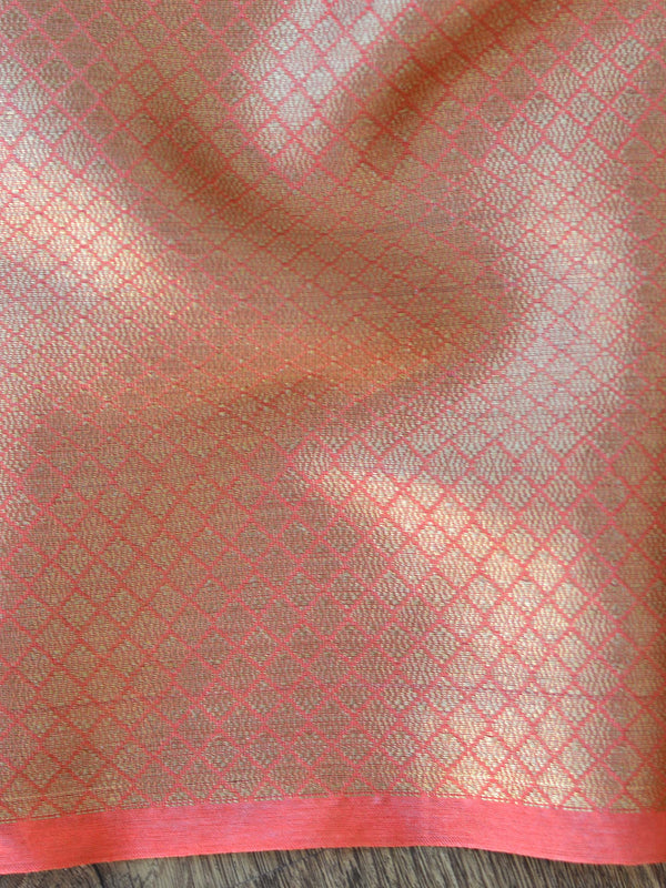 Banarasee Handwoven Semi Silk Saree With Antique Zari Buta Design-Peach