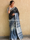 Bhagalpur Handloom Pure Linen Cotton Hand-Dyed Shibori Pattern Saree-Black & Grey