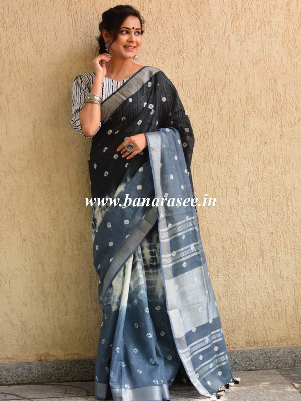 Bhagalpur Handloom Pure Linen Cotton Hand-Dyed Shibori Pattern Saree-Black & Grey