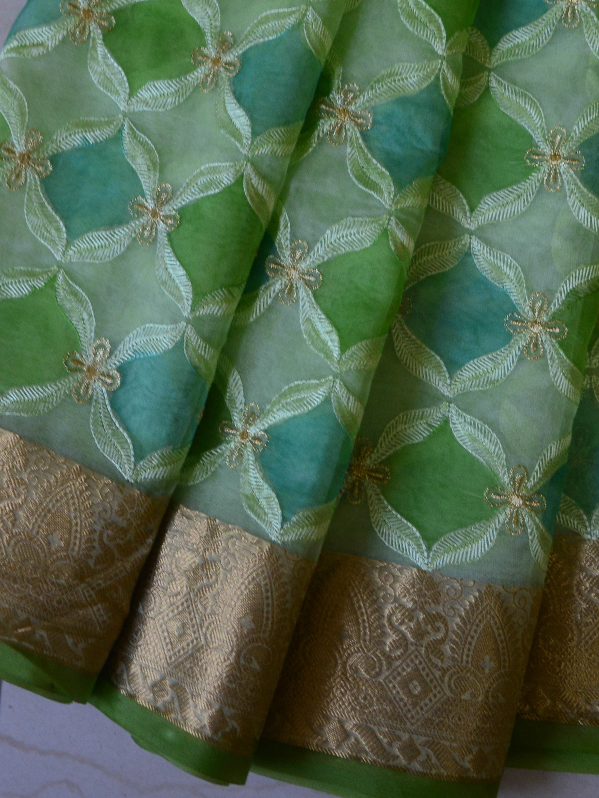 Banarasee Handwoven Organza Silk Hand-Painted & Embroidered Saree-Light Green
