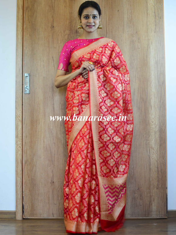 Banarasee Handwoven Semi-Chiffon Saree With Jaal Work-Red