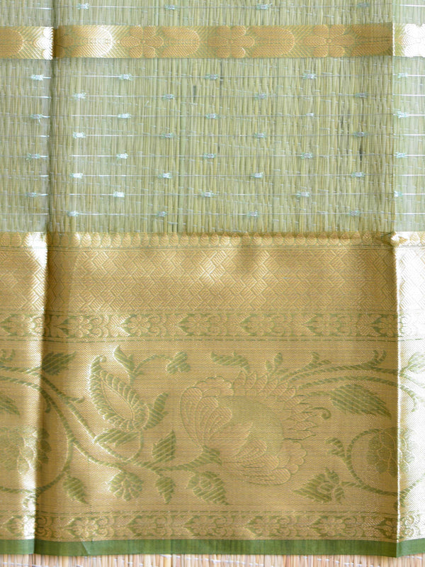 Banarasee Organza Mix Saree With Stripes Design & Broad Border-Olive Green