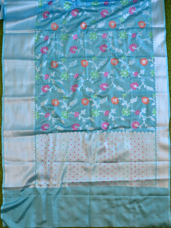 Handwoven Semi Silk Saree With Jaal Design & Silver Zari Border-Sky Blue
