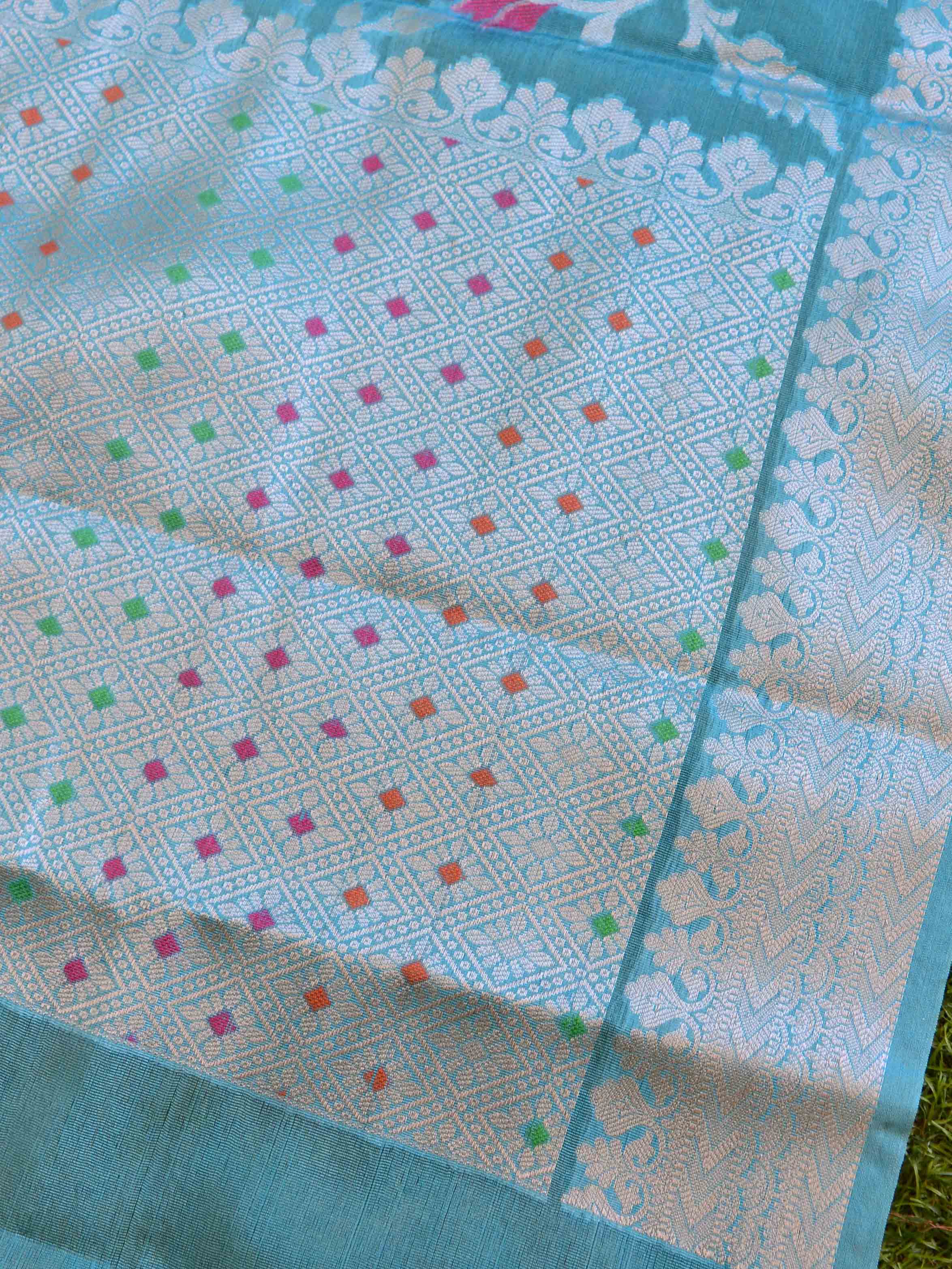 Handwoven Semi Silk Saree With Jaal Design & Silver Zari Border-Sky Blue