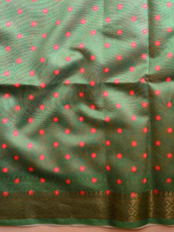 Banarasee Handwoven Semi Silk Saree With Digital Print & Broad Zari Border-Red & Green
