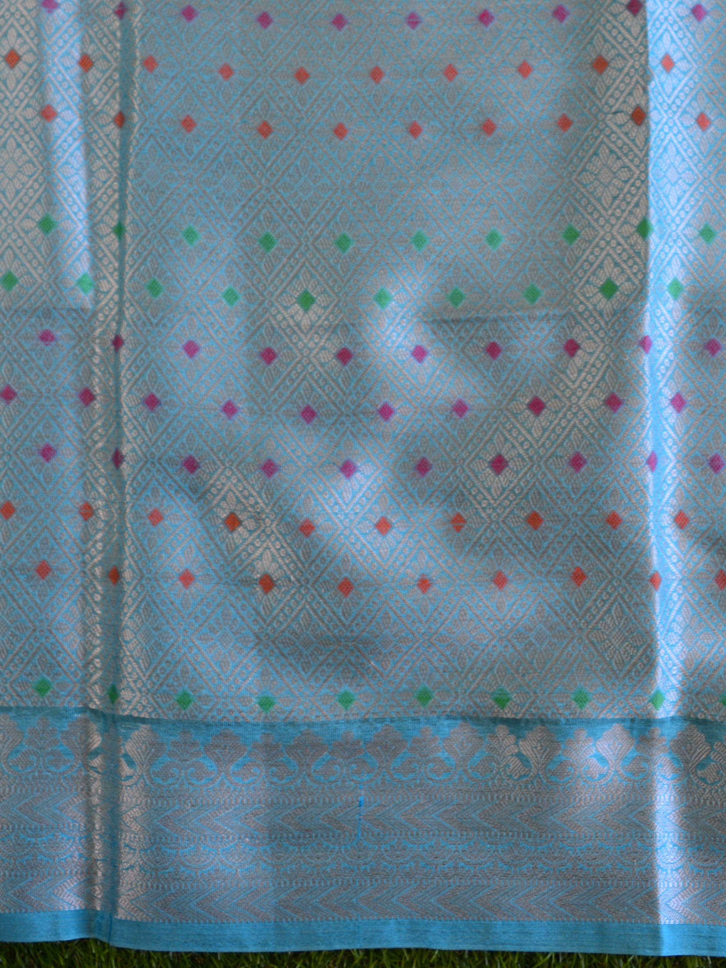 Handwoven Semi Silk Saree With Jaal Design & Silver Zari Border-Sky Blue