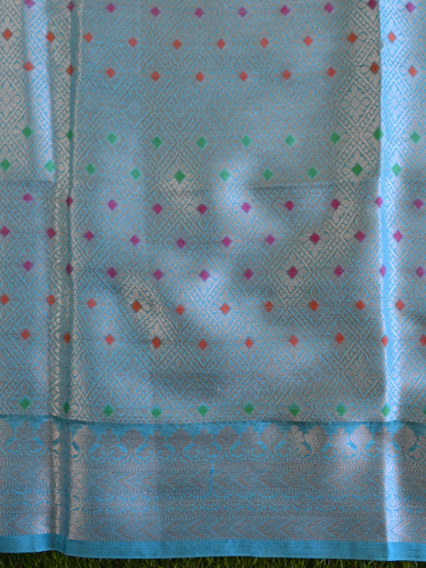 Handwoven Semi Silk Saree With Jaal Design & Silver Zari Border-Sky Blue