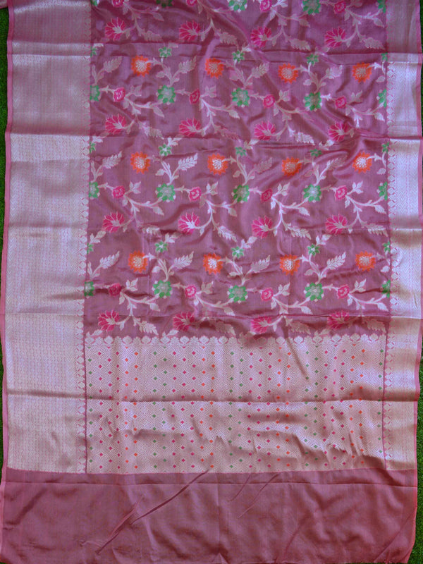 Handwoven Semi Silk Saree With Jaal Design & Silver Zari Border-Pink