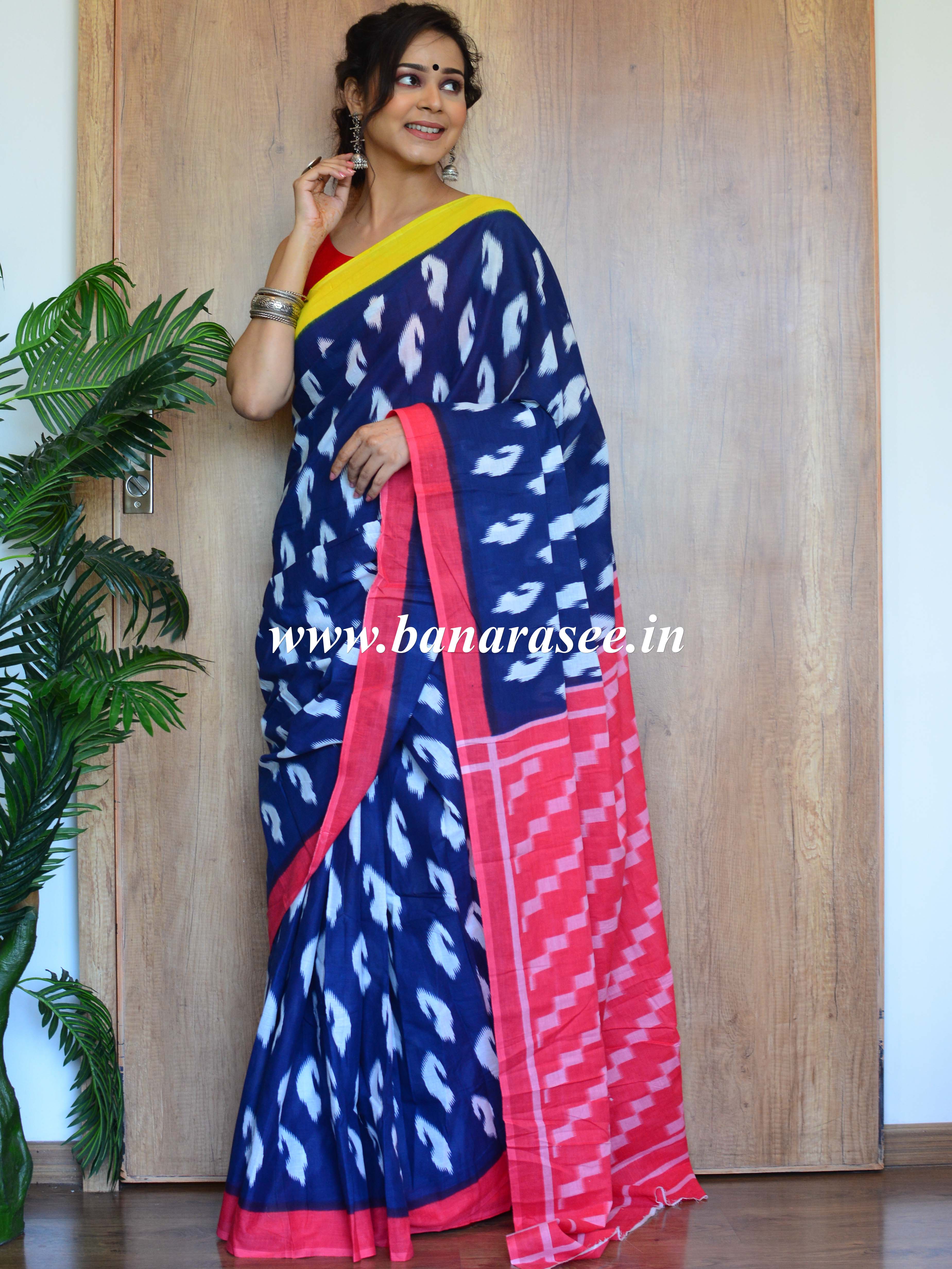 Handloom Mul Cotton Ajrakh Print Saree-Blue