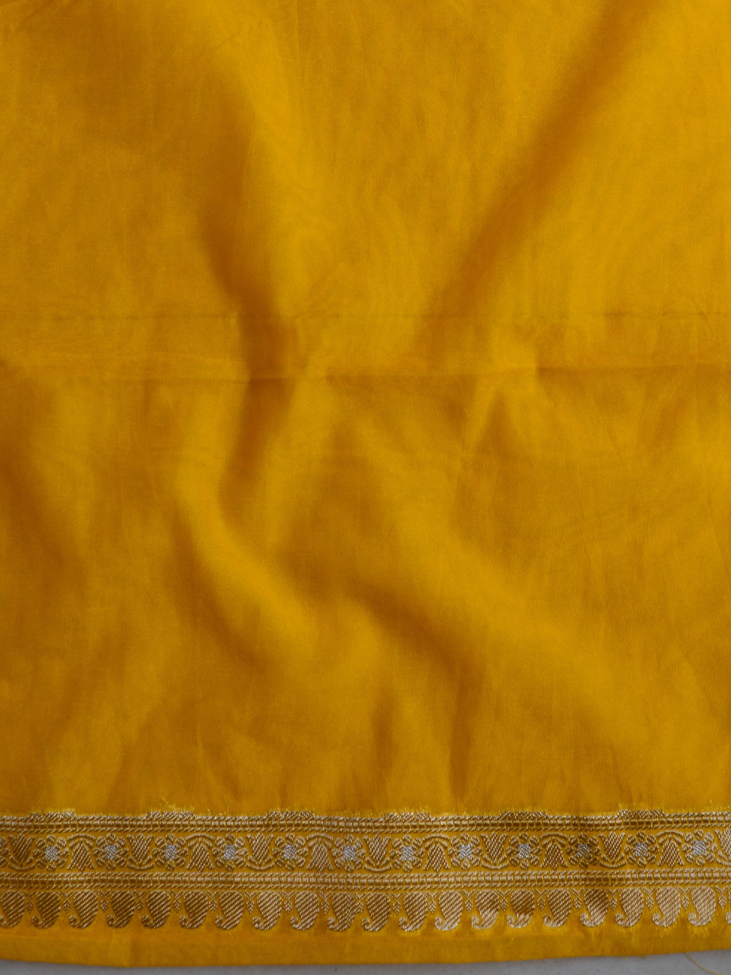 Banarasee Handwoven Semi-Chiffon Saree With Silver Zari Buti & Border-Mustard Yellow