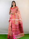Banarasee Organza Mix Saree With Zari Buta & Pink Satin Border-Peach