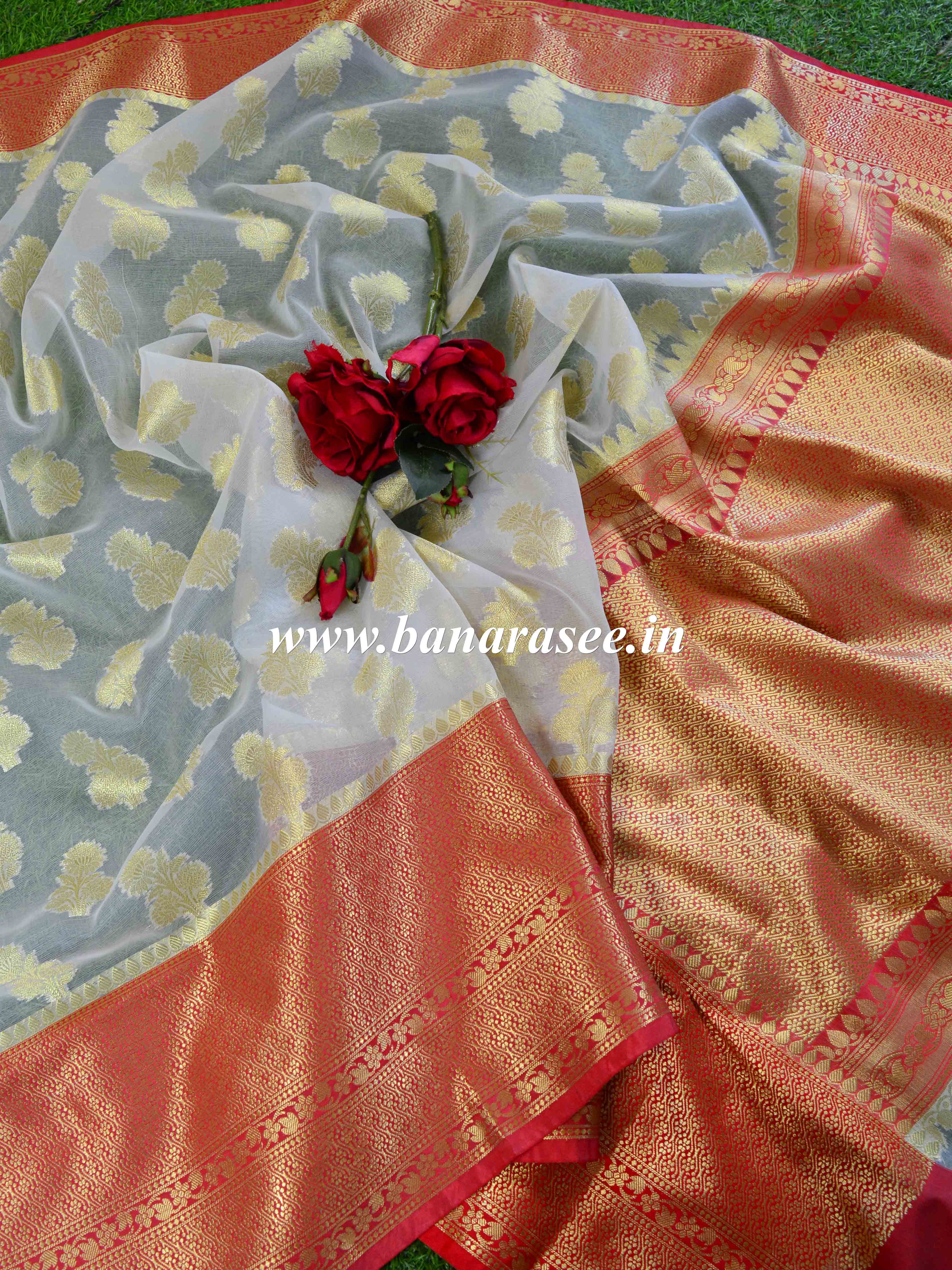 Banarasee/Banarasi Cotton Silk Saree With Buti Design-White & Red