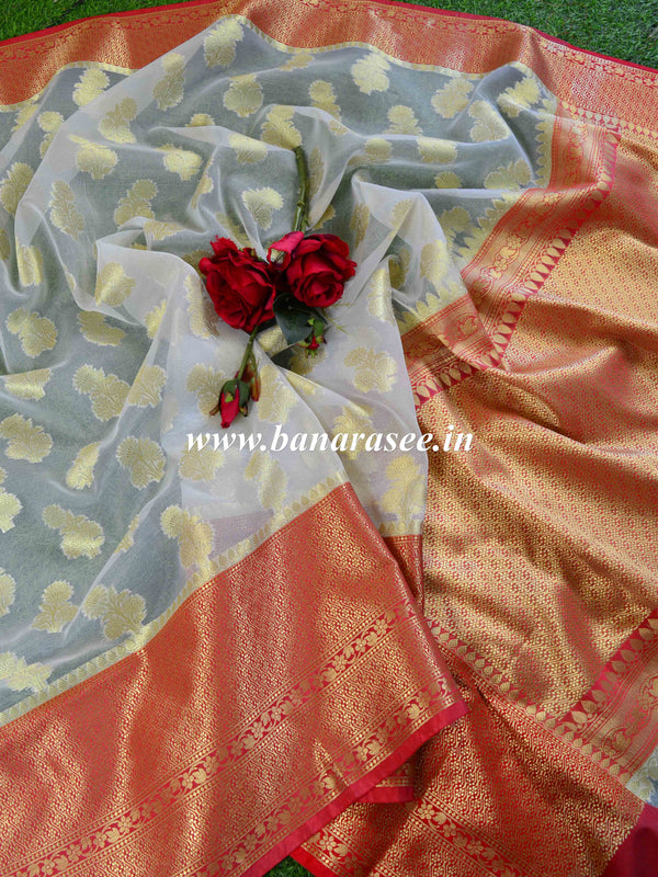 Banarasee/Banarasi Cotton Silk Saree With Buti Design-White & Red