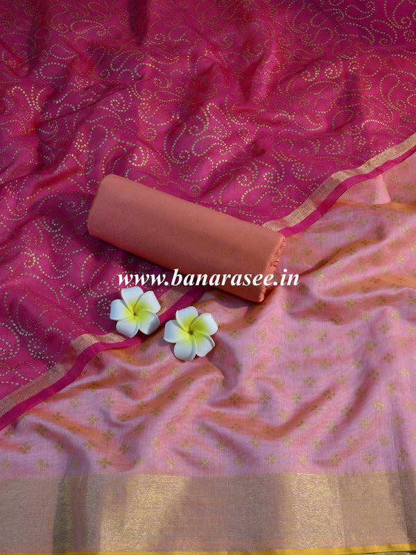 Banarasee Chanderi Salwar Kameez Gold Buta Fabric With Pink Dupatta-Peach & Pink