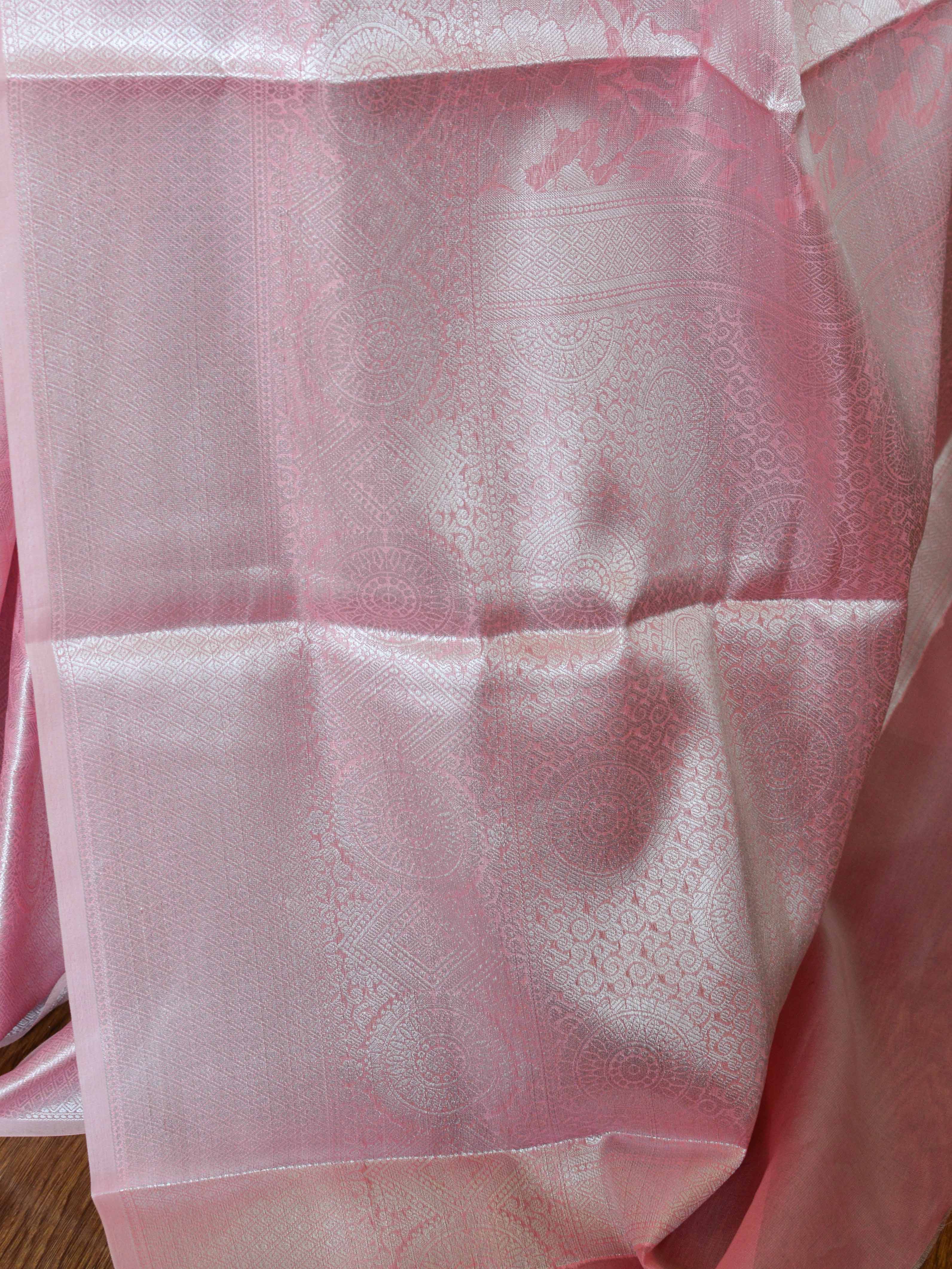 Banarasee Handwoven Semi Silk Saree With Floral Jaal & Broad Border-Pink