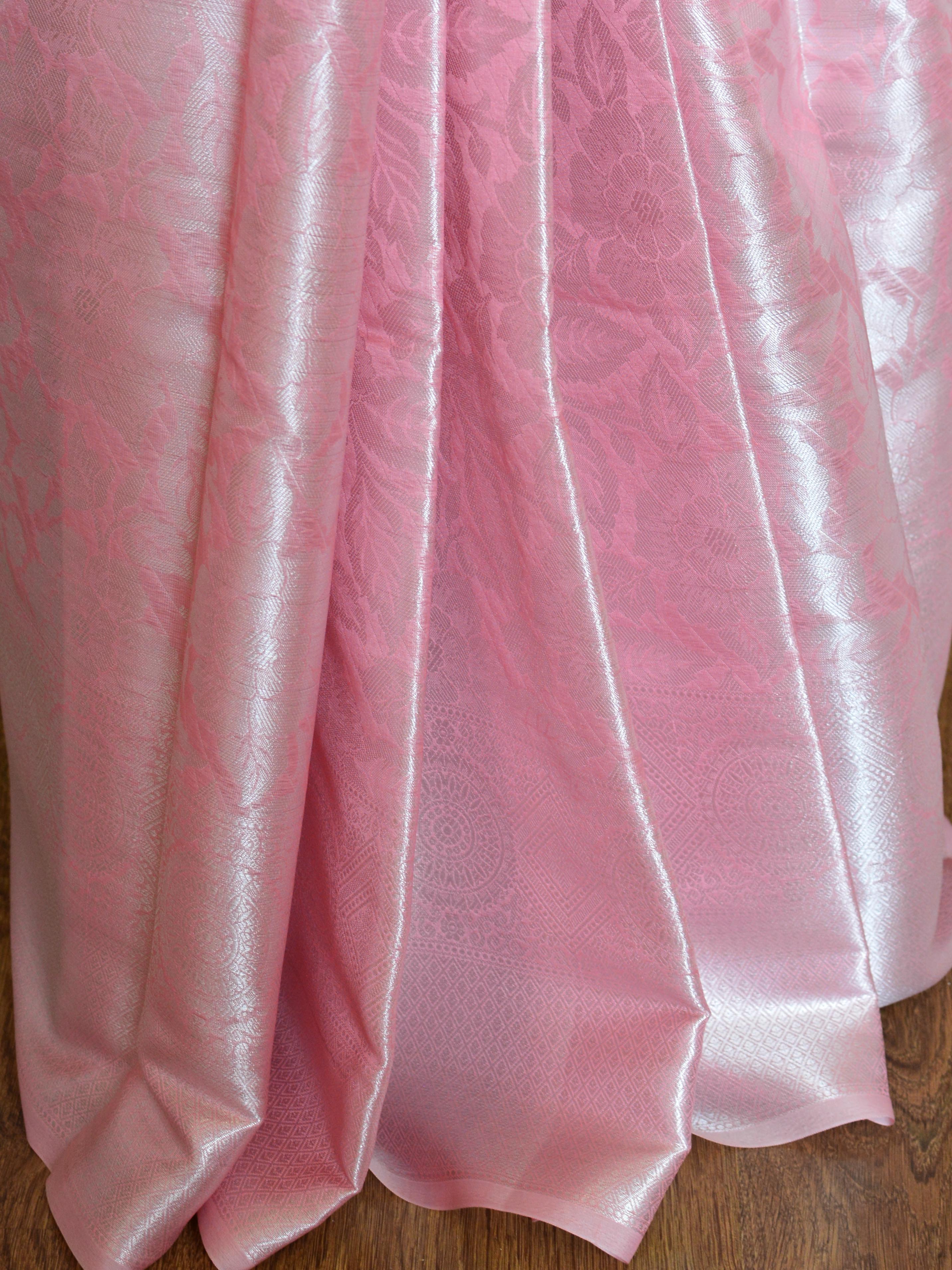 Banarasee Handwoven Semi Silk Saree With Floral Jaal & Broad Border-Pink