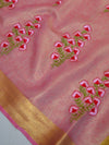 Banarasee Handloom Pure Linen By Tissue Embroidered Saree-Rose Pink(Gold Tone)
