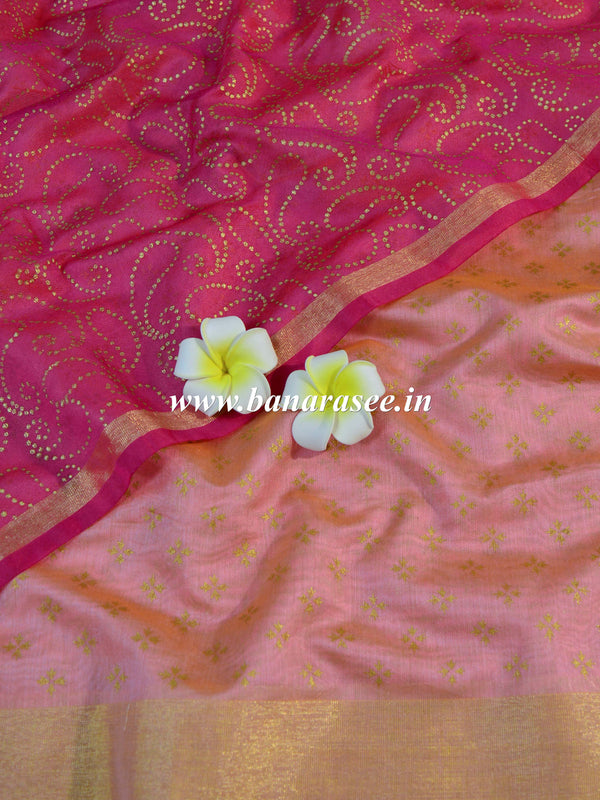 Banarasee Chanderi Salwar Kameez Gold Buta Fabric With Pink Dupatta-Peach & Pink