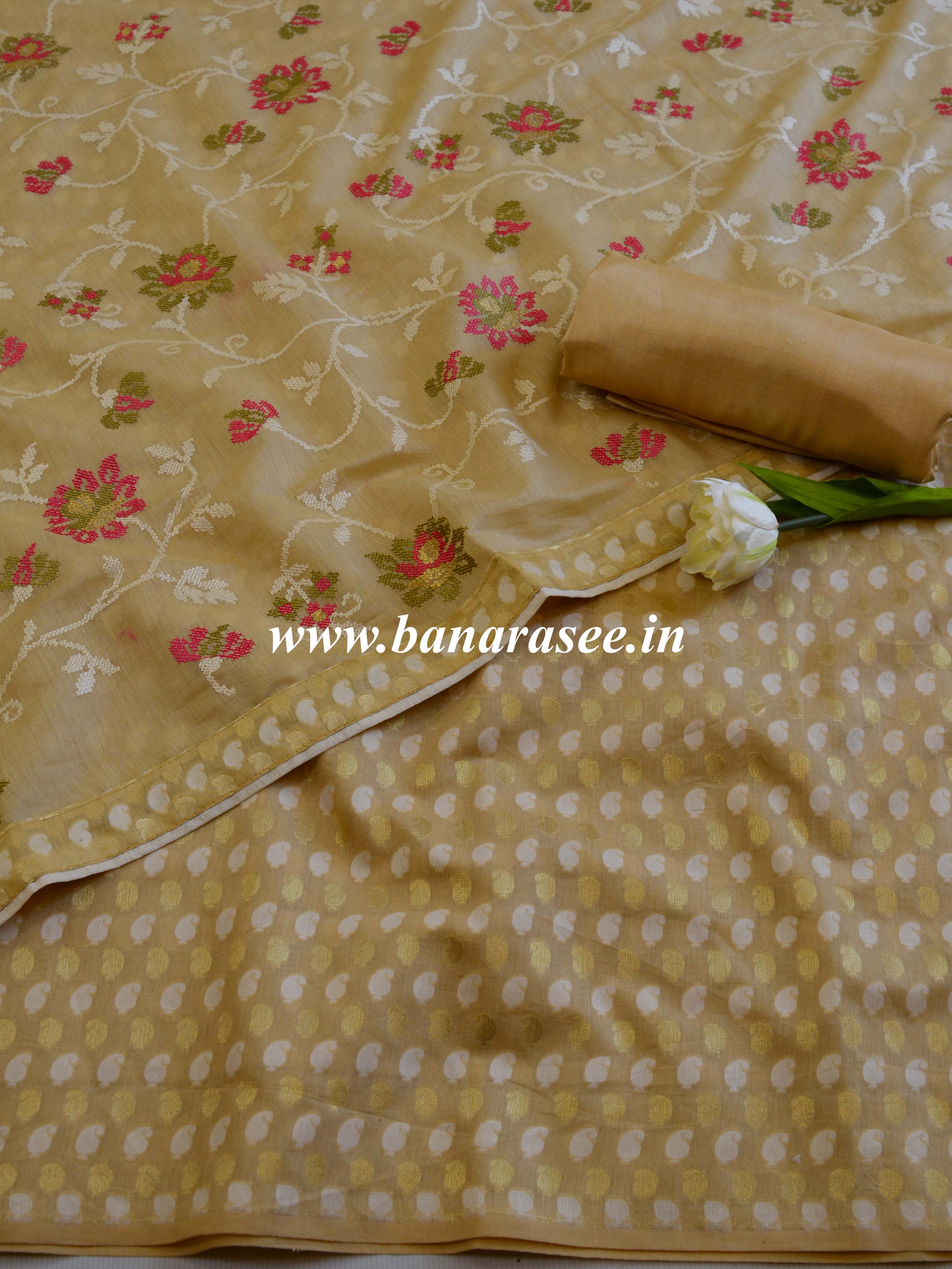 Banarasee Handloom Cotton Silk Salwar Kameez Fabric With Embroidered Dupatta-Beige