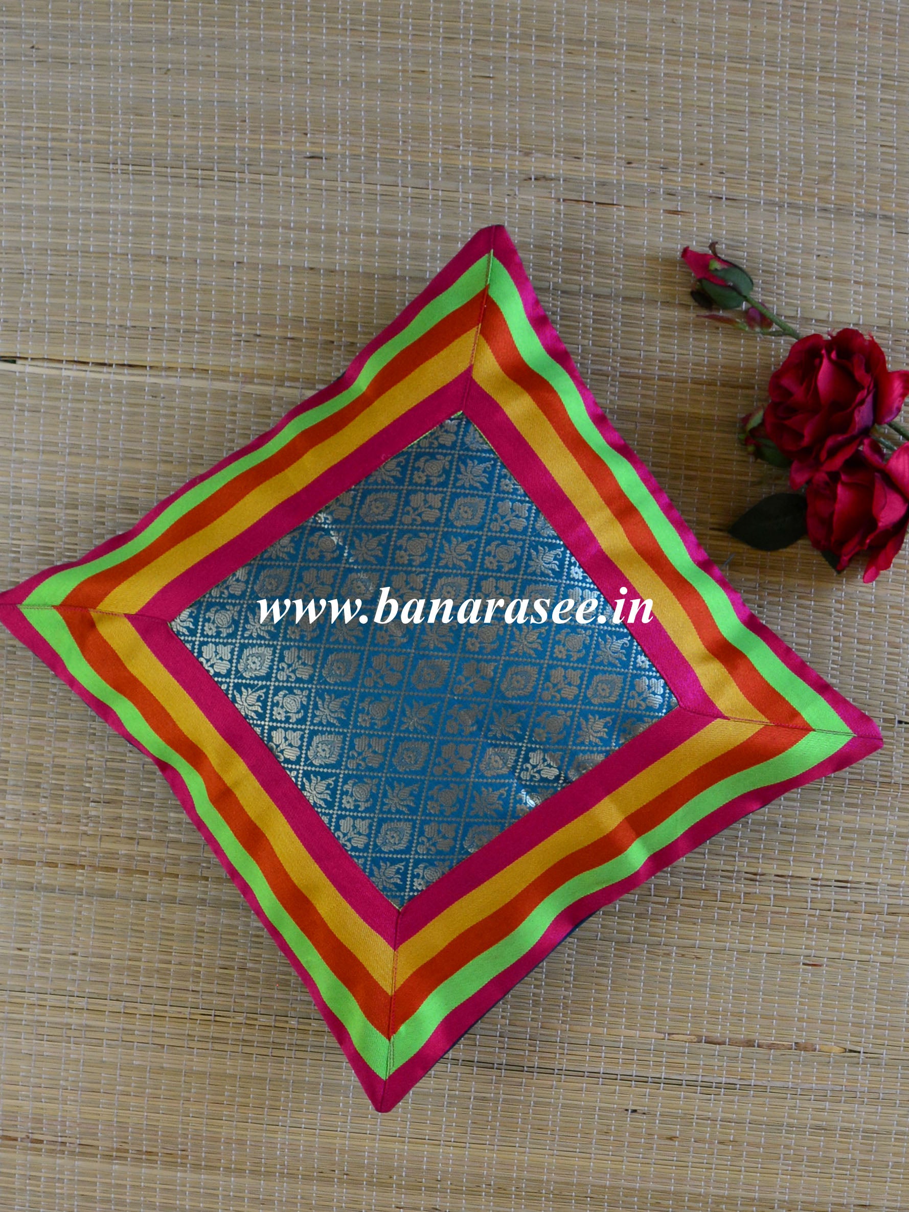 Banarasee Brocade Silk Cushion Cover-Blue