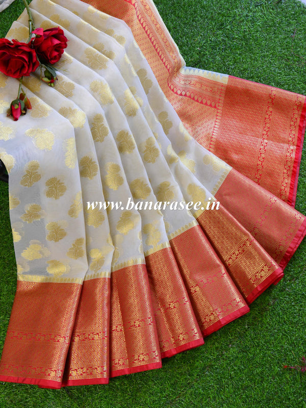 Banarasee/Banarasi Cotton Silk Saree With Buti Design-White & Red