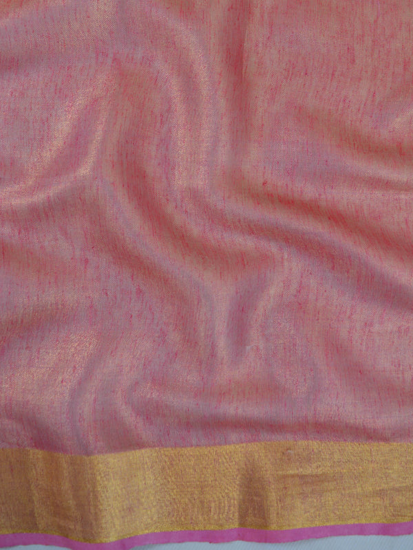 Banarasee Handloom Pure Linen By Tissue Embroidered Saree-Rose Pink(Gold Tone)