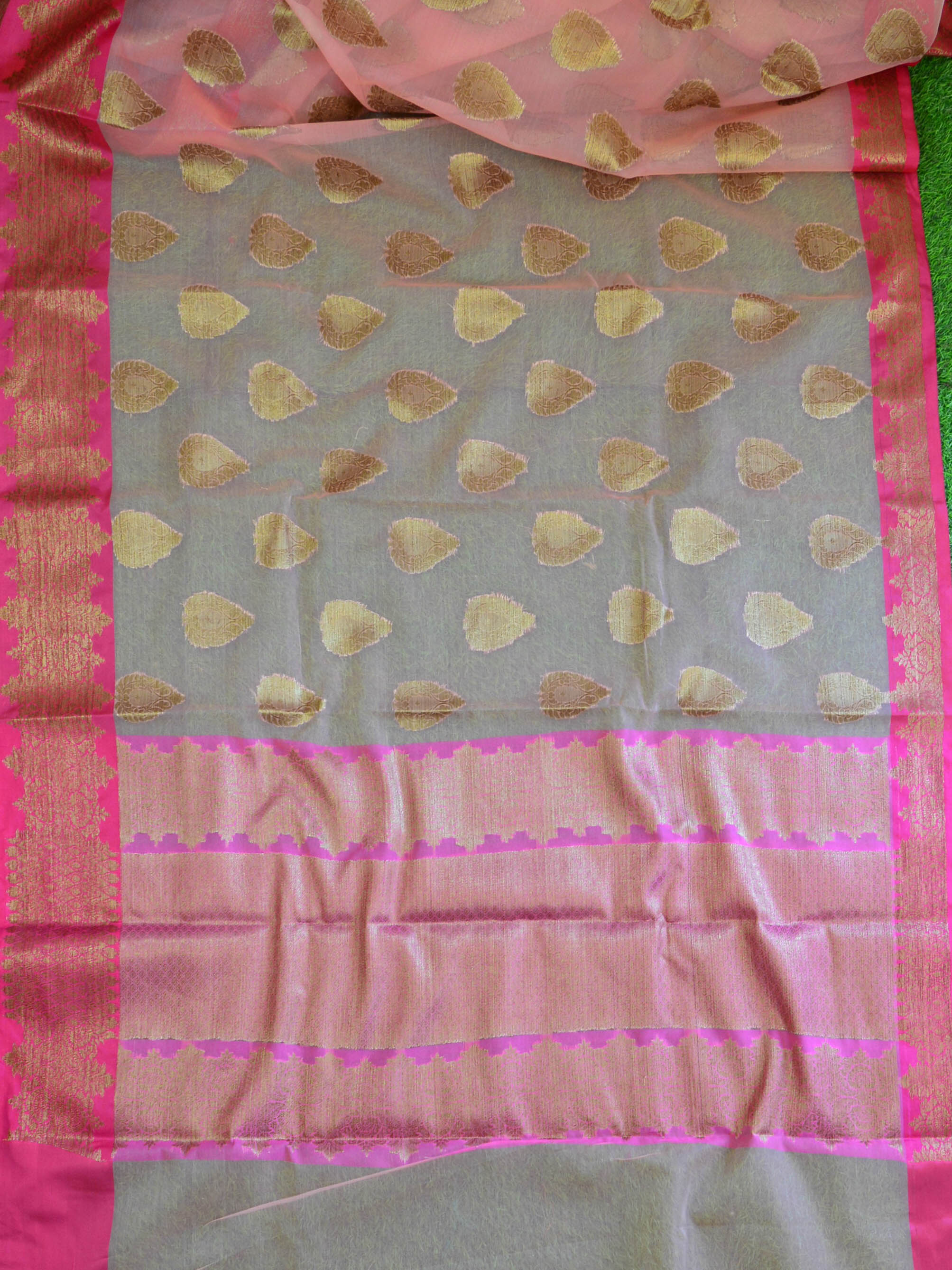 Banarasee Organza Mix Saree With Zari Buta & Pink Satin Border-Peach