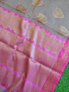 Banarasee Organza Mix Saree With Zari Buta & Pink Satin Border-Peach