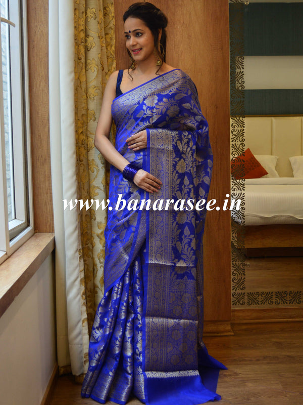 Banarasee Handwoven Semi-Chiffon Saree With Zari Floral Jaal Design-Blue