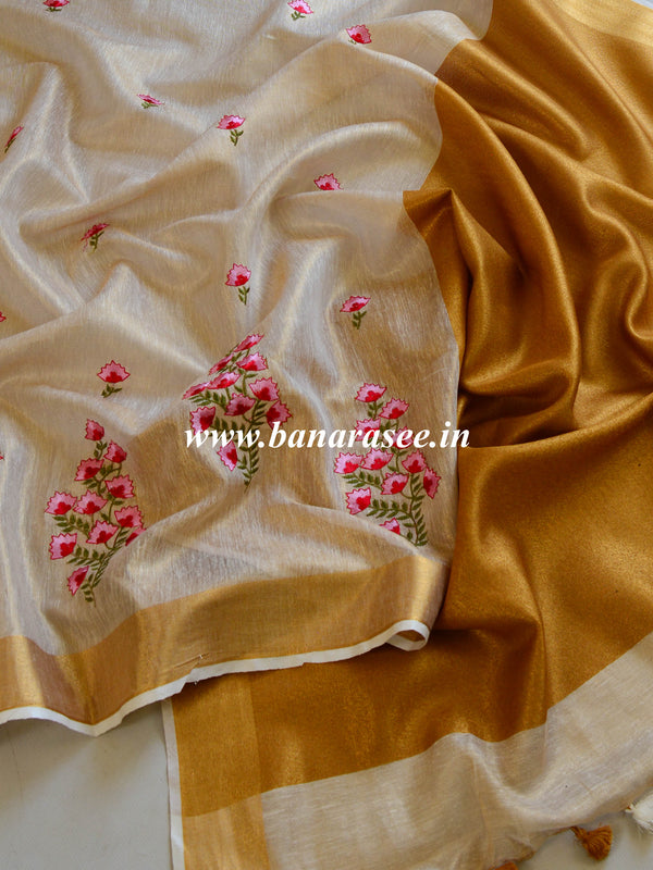 Banarasee Handloom Pure Linen By Tissue Embroidered Saree-Beige(Gold Tone)