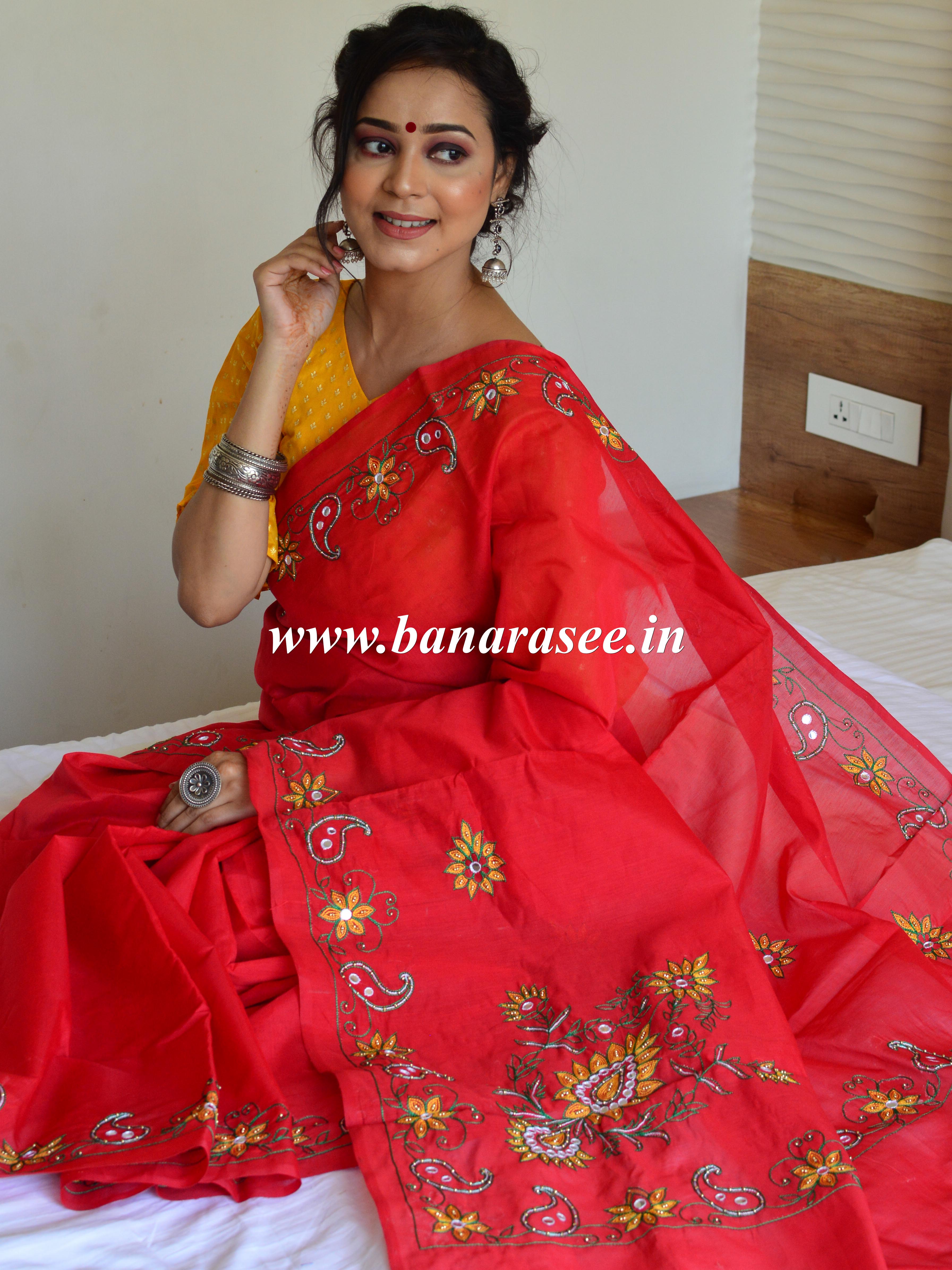 Banarasee Chanderi Cotton Hand-Embroidered Saree-Red
