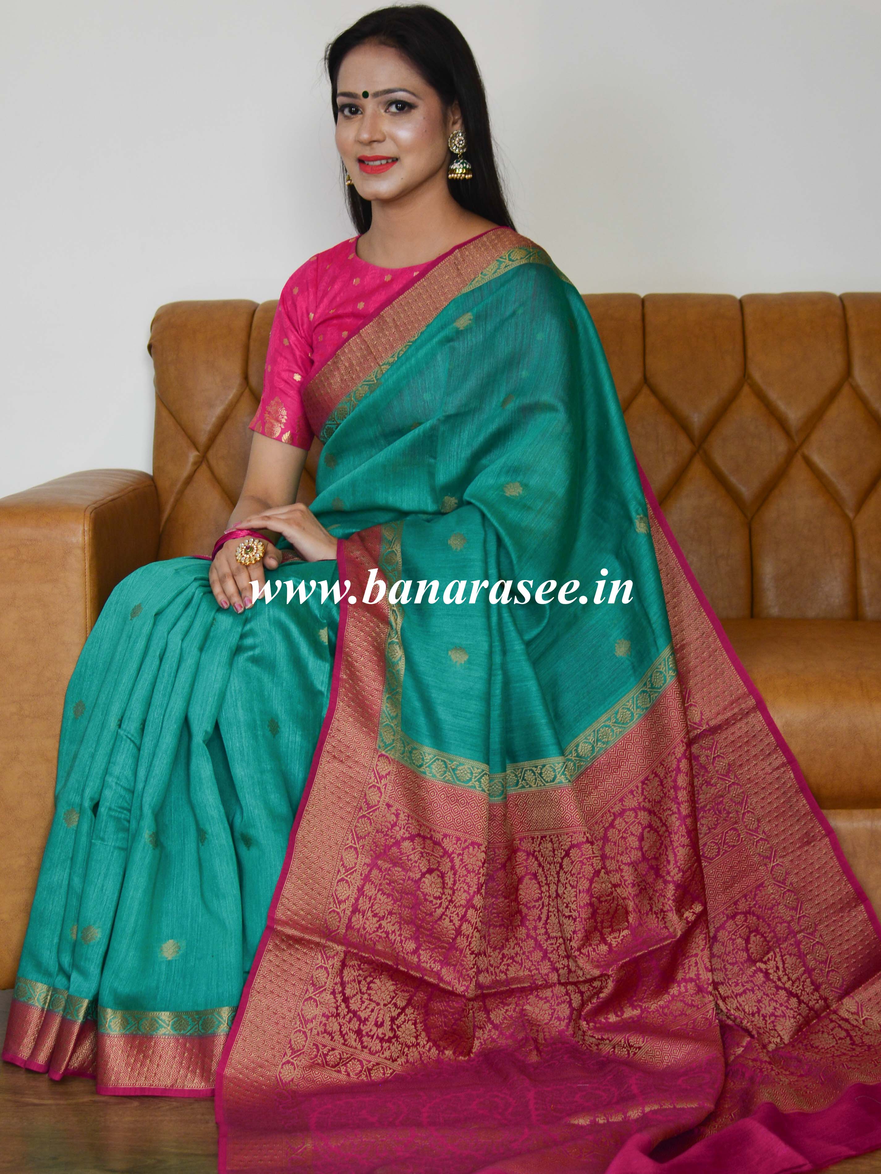 Banarasee Handwoven Pure Muga Silk Sari Buti With Floral Border & Pallu-Green